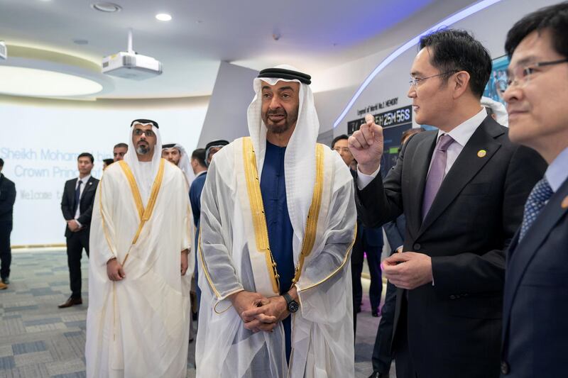 HWASEONG CITY, REPUBLIC OF KOREA (SOUTH KOREA)  - February 26, 2019: HH Sheikh Mohamed bin Zayed Al Nahyan, Crown Prince of Abu Dhabi and Deputy Supreme Commander of the UAE Armed Forces (3rd R), tours the Semi Conductor Museum at the Samsung Electronic Semiconductor Research and Development Centre. Seen with HH Major General Sheikh Khaled bin Mohamed bin Zayed Al Nahyan, Deputy National Security Adviser (L) and Jay Y. Lee, Vice Chairman of Samsung Electronics (2nd R).

( Ryan Carter / Ministry of Presidential Affairs )