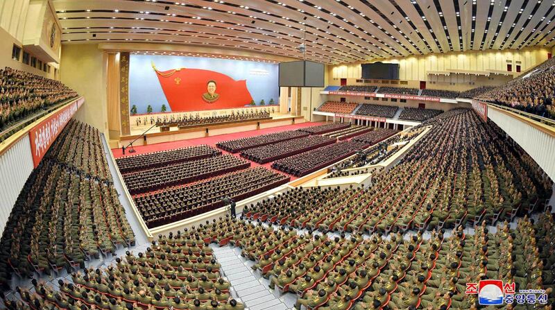 Delegates take part in a national meeting to celebrate the 77th birth anniversary of former North Korean leader Kim Jong-il at Pyongyang Indoor Stadium, February 15, 2019. KCNA Photo.
