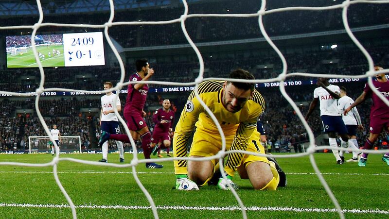 Tottenham's Hugo Lloris after Manchester City's Ilkay Gundogan scores their second goal from the penalty spot. Andrew Couldridge / Reuters