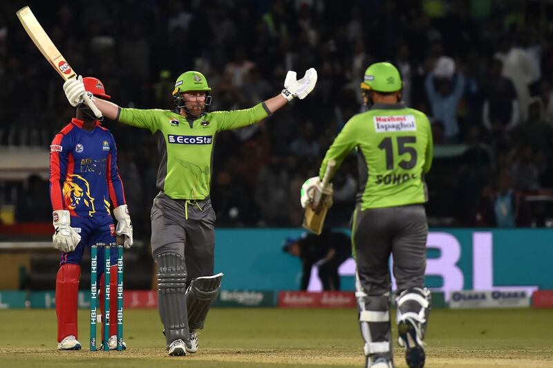 Lahore Qalandars's player Ben Dunk celebrates after hitting the winning shot against Karachi Kings. AFP