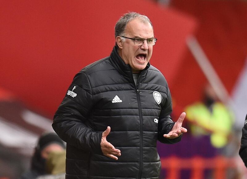 epa08700877 Leeds United's manager Marcelo Bielsa reacts during the English Premier League soccer match between Sheffield United and Leeds United in Sheffield, Britain, 27 September 2020.  EPA/Oli Scarff / POOL EDITORIAL USE ONLY. No use with unauthorized audio, video, data, fixture lists, club/league logos or 'live' services. Online in-match use limited to 120 images, no video emulation. No use in betting, games or single club/league/player publications.