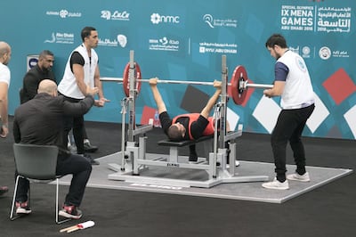 ABU DHABI, UNITED ARAB EMIRATES - MARCH 19, 2018.
Omani athlete takes part of the powerlifting competition at IX MENA Special Olympic games held at NYU Abu Dhabi.

(Photo: Reem Mohammed/ The National)

Reporter:  Ramola Talwat
Section:  NA + SP