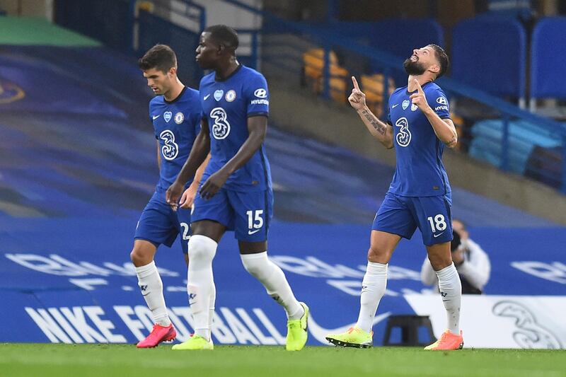 Chelsea's Olivier Giroud, right, celebrates after scoring his side's opening goal. AP