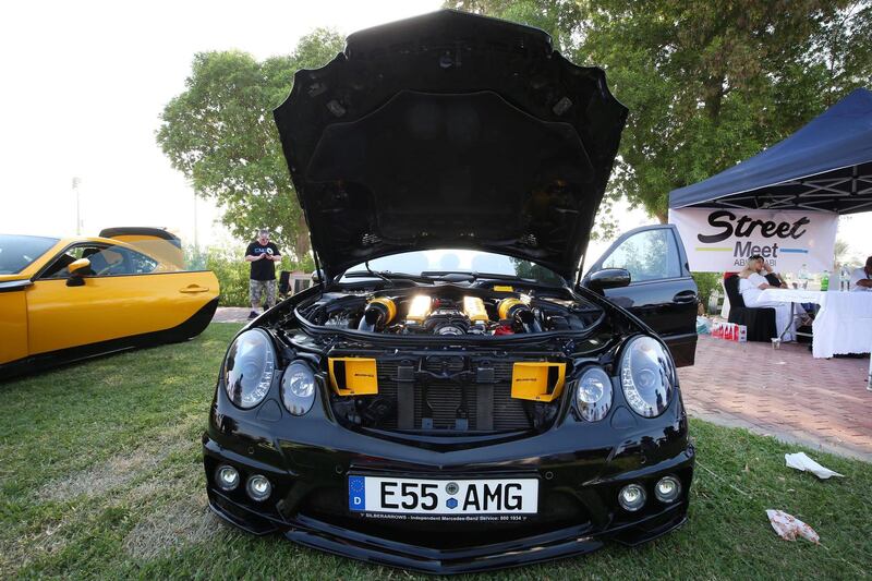 ABU DHABI, UNITED ARAB EMIRATES, 28 OCTOBER 2018 - A Mercedes AMG E55 owned by Jason Brown at the Street Meet modified cars event, Abu Dhabi City Golf Club.  Leslie Pableo for The National for Adam Workman's story