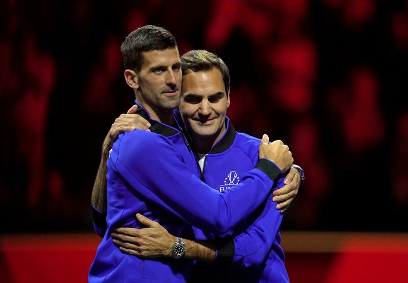 Team Europe's Novak Djokovic and Roger Federer embrace at the end of the third day of the Laver Cup tennis tournament in London, Sunday, September  25, 2022. AP Photo
