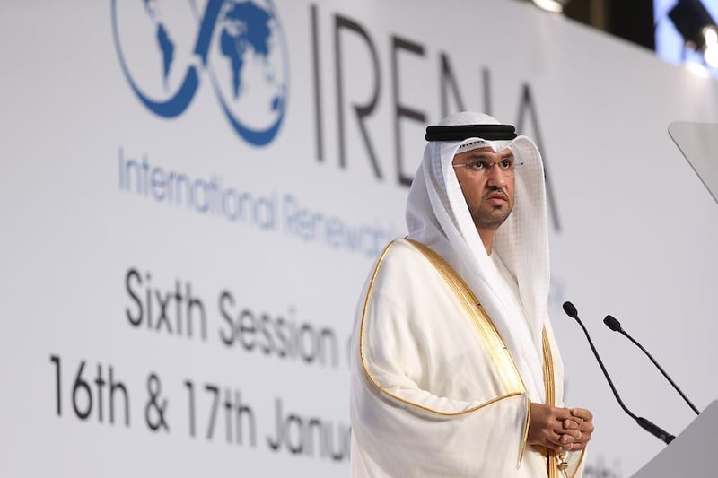 Dr Sultan Al Jaber, the chairman of Masdar, speaks during the sixth session of the Irena General Assembly on Saturday, January 16, 2016. Delores Johnson / The National