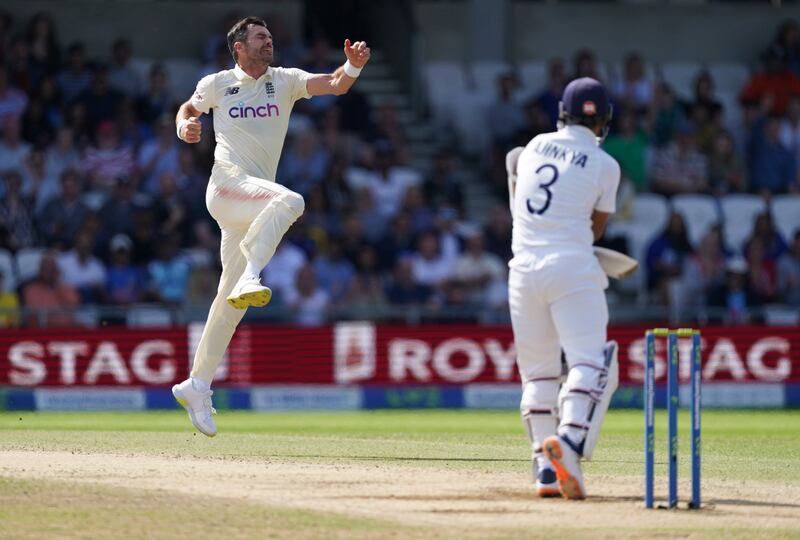 England's James Anderson celebrates the dismissal of India's Ajinkya Rahane for 10. AP