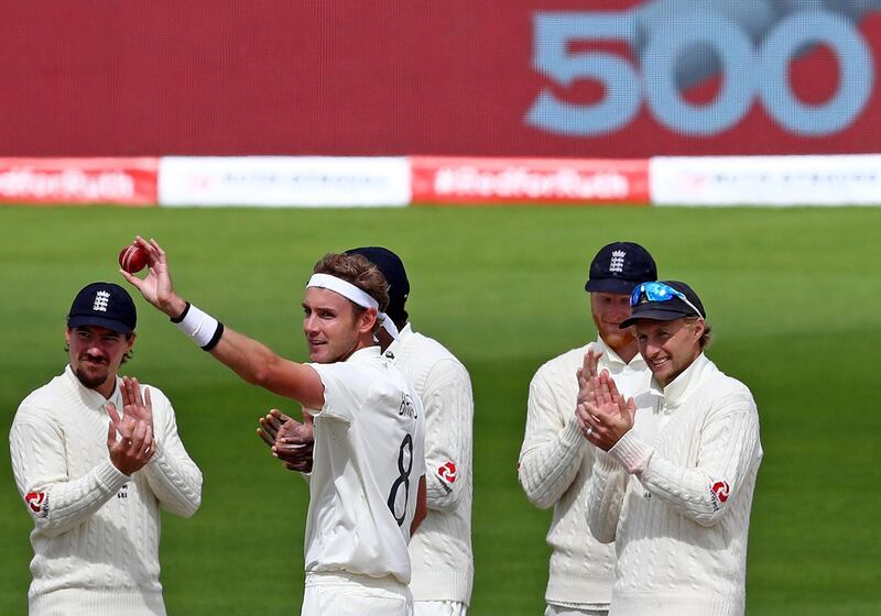 England's Stuart Broad celebrates taking the wicket of West Indies' Kraigg Brathwaves, his 500th Test wicket. AFP