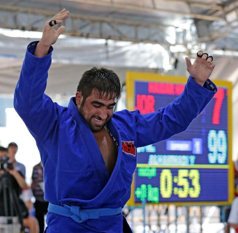 Yahia Mansour Al Hammadi celebrates after his semi-final win over Jordanian Haider Rashidi in the men's absolute class at the Asian Beach Games in Vietnam. Courtesy UAE Jiu-Jitsu Federation