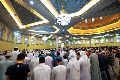 Abu Dhabi, U.A.E., August 21 , 2018.  Early morning prayers at the Masjid Bani Hashim mosque.  
Victor Besa / The National
Section:  NA
Reporter:  Haneen Dajani