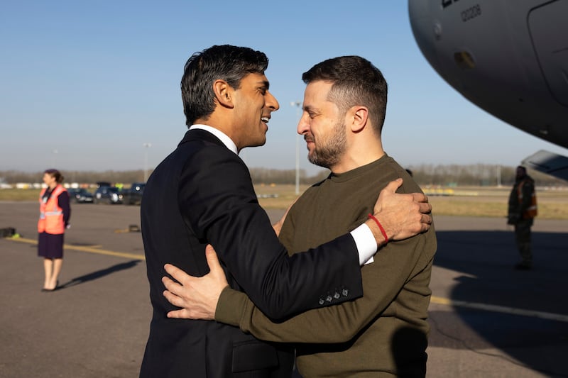 Mr Sunak greets Mr Zelenskyy at Standsted Airport as he arrives in the UK. Photo: UK Prime Minister's Office