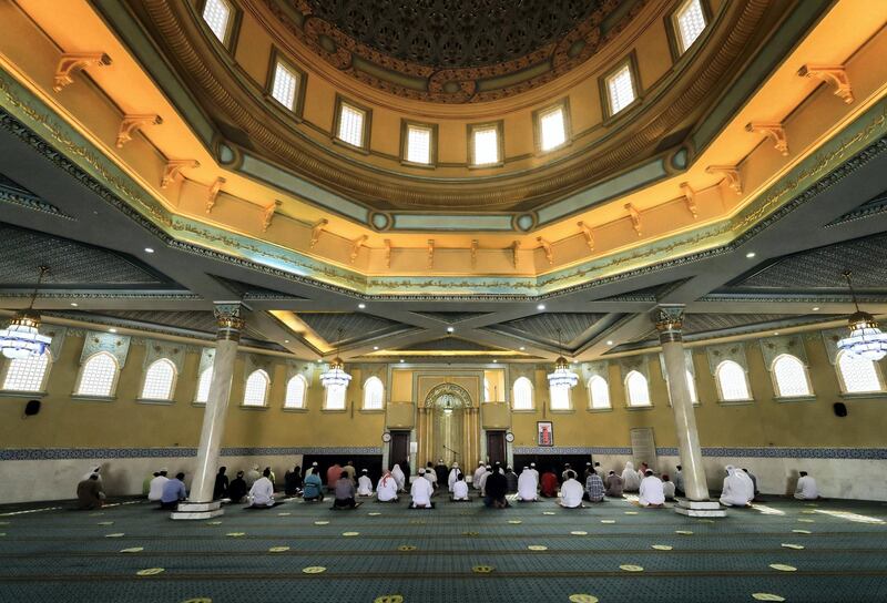 Abu Dhabi, United Arab Emirates, August 3, 2020.   
Worshippers at the Bani Hashim Mosque at the Al Maqta area during the first day restrictions have been eased on Mosque's in Abu Dhabi to allow 50% occupancy.
Victor Besa /The National
Section: NA
Reporter: