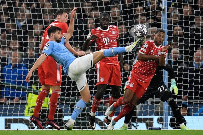 Manchester City's Ruben Dias attempts a shot. AFP
