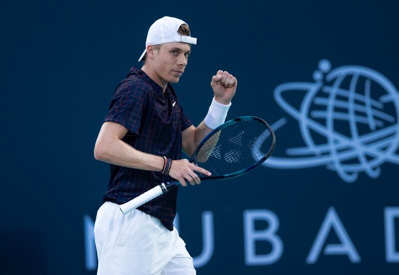 Denis Shapovalov celebrates a point against Andrey Rublev at the Mubadala World Tennis Championship. Victor Besa / The National