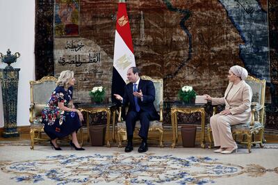 Egyptian President Abdel Fattah El Sisi and first lady Entisar Amer welcome US first lady Jill Biden in Cairo. EPA 