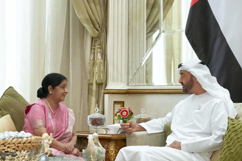 ABU DHABI, UNITED ARAB EMIRATES - December 04, 2018: HH Sheikh Mohamed bin Zayed Al Nahyan, Crown Prince of Abu Dhabi and Deputy Supreme Commander of the UAE Armed Forces (R), meets with HE Sushma Swaraj, Minister of External Affairs of India (L), during a Sea Palace barza.
( Ryan Carter / Ministry of Presidential Affairs )
—