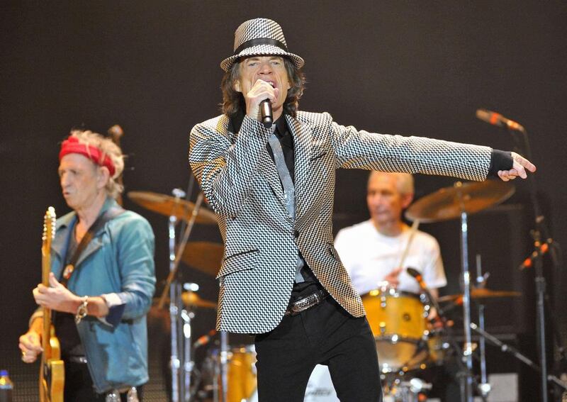 Members of The Rolling Stones Mick Jagger, centre, Keith Richards, left, and Charlie Watts, right, will be performing at the du Arena in Abu Dhabi this weekend. Toby Melville/Reuters