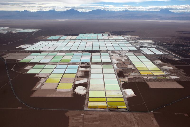 The brine pools and processing areas of the SQM lithium mine on the Atacama salt flat in northern Chile. Reuters