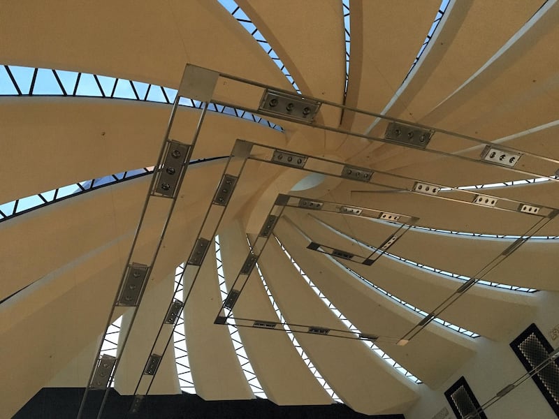 The spiral roof from inside the dome of Sheikha Fatima bint Mubarak Mosque in Mohamed bin Zayed city.