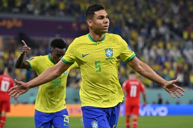 Brazil's midfielder #05 Casemiro celebrates after he scored his team's first goal during the Qatar 2022 World Cup Group G football match between Brazil and Switzerland at Stadium 974 in Doha on November 28, 2022.  (Photo by NELSON ALMEIDA  /  AFP)