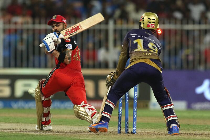 Virat Kohli captain of Royal Challengers Bangalore is bowled by Sunil Narine. Sportzpics for IPL