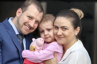 Dubai, United Arab Emirates - Reporter: Sarwat Nasir. News. Health. Amelia, child patient battling leukaemia. Pictured with mum and dad Ian and Ana Antill. Tuesday, February 2nd, 2021. Dubai. Chris Whiteoak / The National