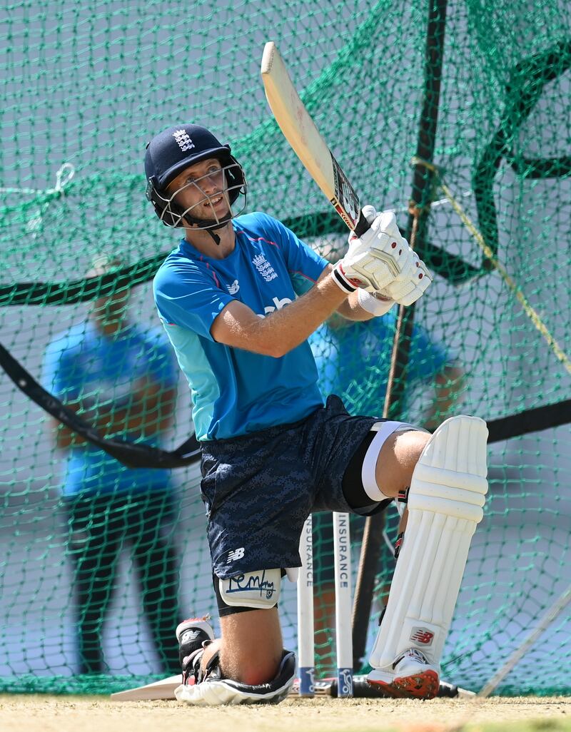 England captain Joe Root bats during a training session at the Sir Vivian Richards Stadium in Antigua. Getty