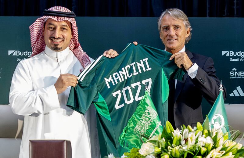 Roberto Mancini and SAFF president Yasser Al Misehal at the Italian coach's first official press conference since his unveiling as the new manager of Saudi Arabia. Reuters