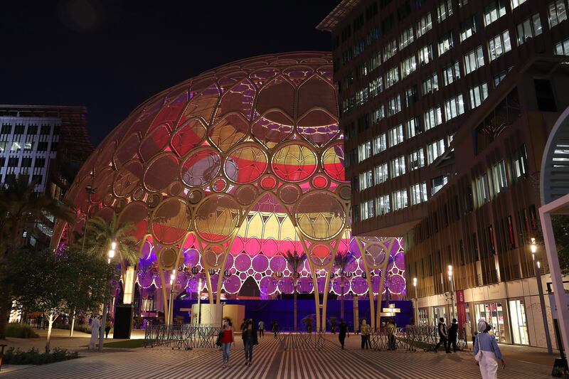 Al Wasl plaza during the evening at the Expo 2020 site in Dubai.