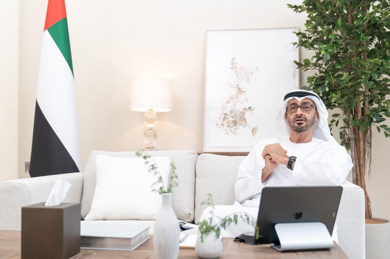 ABU DHABI, UNITED ARAB EMIRATES - July 18, 2020: HH Sheikh Mohamed bin Zayed Al Nahyan, Crown Prince of Abu Dhabi and Deputy Supreme Commander of the UAE Armed Forces (R), participates in an online meeting with members of the Hope Probe.

( Rashed Al Mansoori / Ministry of Presidential Affairs )
---