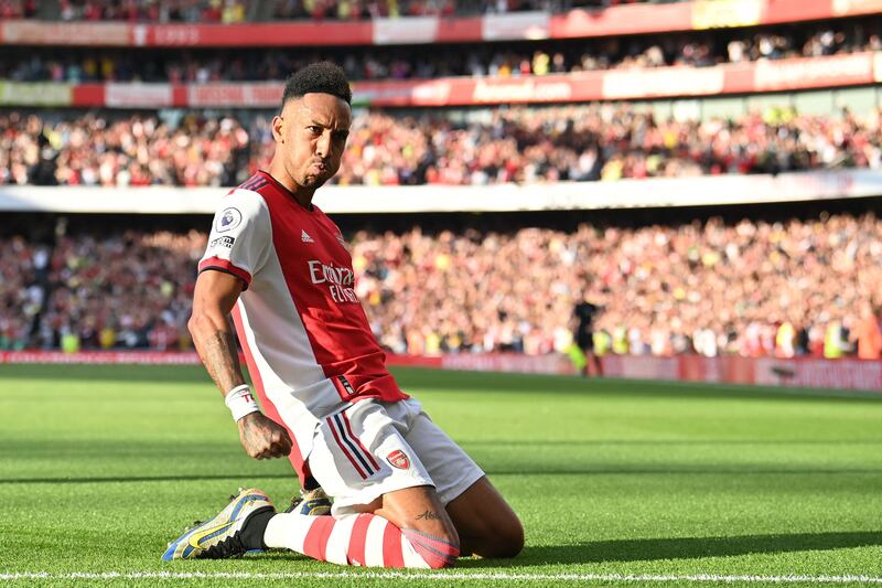 Arsenal striker Pierre-Emerick Aubameyang celebrates after scoring the second goal against Tottenham at the Emirates Stadium on Sunday, September 26, 2021. AFP