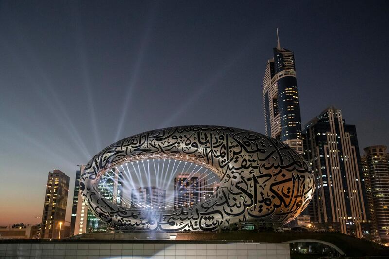 DUBAI UNITED ARAB EMIRATES. 01 DECEMBER 2020. Test of the light show to celebrate the 49th UAE National Day celebrations projected on the Museum of The Future. (Photo: Antonie Robertson/The National) Journalist: None. Section: National.
