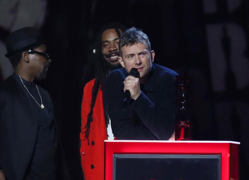 Members of Gorillaz accept the award for Best British Group. Damon Albarn made a perceived mention of Brexit in his acceptance speech, urging Britons not to let the country become isolated. Joel C Ryan/Invision/AP