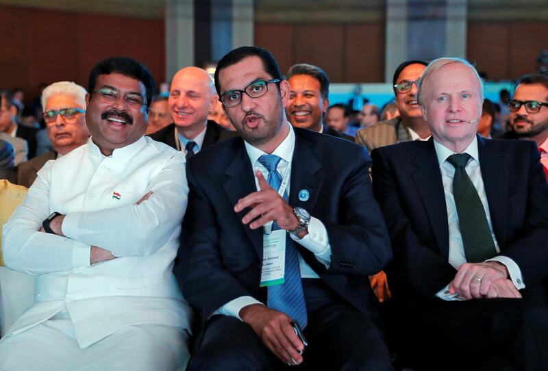 (L-R) India's Oil Minister Dharmendra Pradhan, Sultan Ahmed Al Jaber, UAE Minister of State and the Abu Dhabi National Oil Company (ADNOC) Group CEO, and BP Chief Executive Robert Dudley attend the India Energy Forum in New Delhi, India, October 15, 2018. REUTERS/Adnan Abidi