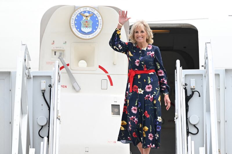 Jill Biden, in a belted floral Oscar de la Renta dress, arrives in Savannah, Georgia on July 8, 2021. AFP