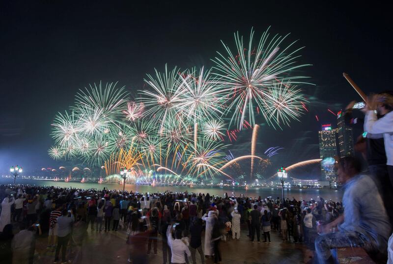 Abu Dhabi, United Arab Emirates - Fireworks display at Abu Dhabi Corniche, Breakwater.  Leslie Pableo for The National