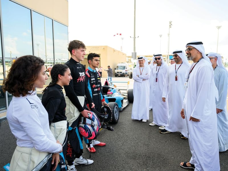 Crown Prince Sheikh Khalid bin Zayed met with members of the UAE Formula 4 team, including Emirati drivers Rashid Al Dhaheri, Hamda Al Qubaisi and Amna Al Qubaisi. Wam