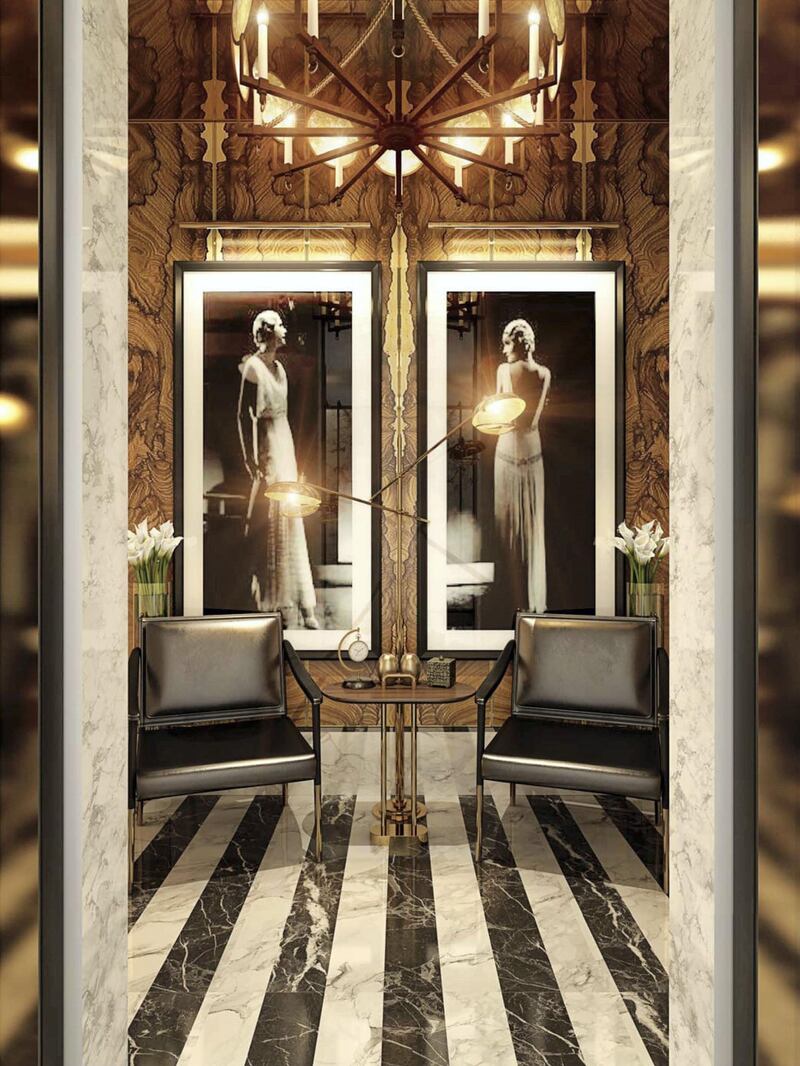 The design uses marble, ebony, brass and bronze accents. Courtesy Waldorf Astoria