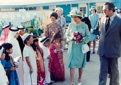 Britain's Queen Elizabeth II visits the school on her visit to the UAE in 1979. Photo: The British School Al Khubairat