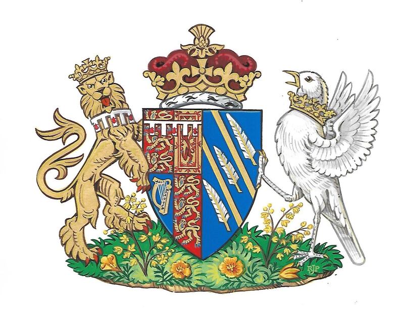epa06762879 An undated handout photo made available by Kensington Palace shows the Coat of Arms of Britain's Meghan, the Duchess of Sussex in London, Britain, 25 May 2018. Britain's Queen Elizabeth II agreed and approved the design.  The coat of arms of Duchess of Sussex, designed by Garter King of Arms Thomas Woodcock, features nods to her former life with blue background representing the Pacific Ocean off the California coast and two golden rays across the shield as a symbol of sunshine in California. The three quills represent communication and the power of words. Golden poppies, California's state flower, and wintersweet, which grows at Kensington Palace are beneath the shield.  EPA/KENSINGTON PALACE HANDOUT  HANDOUT EDITORIAL USE ONLY/NO SALES