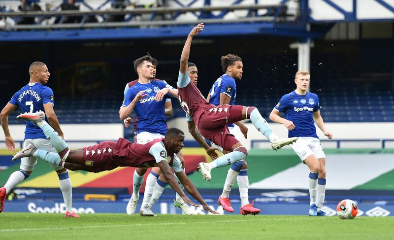 Aston Villa's Ezri Konsa scores the opening goal. Reuters