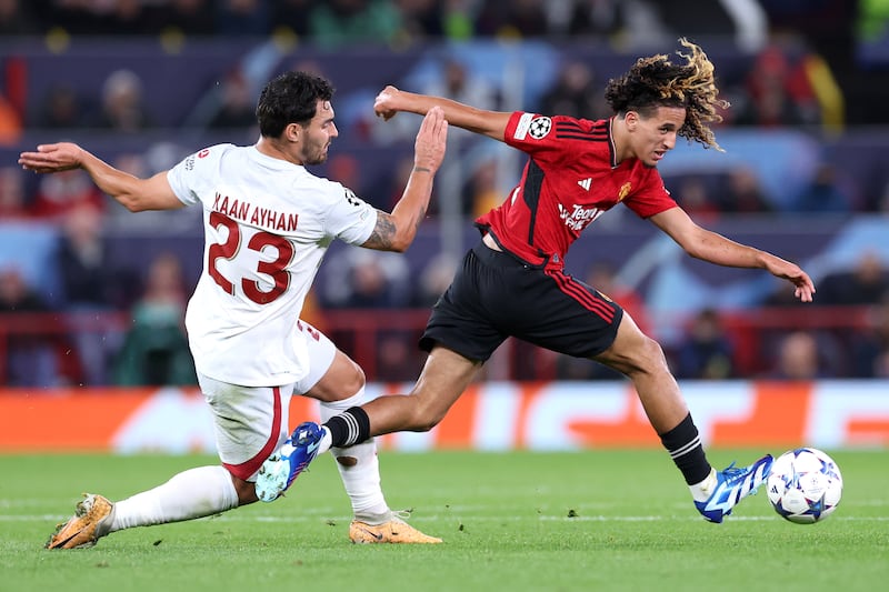 Hannibal Mejbri of Manchester United is challenged by Kaan Ayhan of Galatasaray during the Uefa Champions League match at Old Trafford on October 03, 2023. Getty 