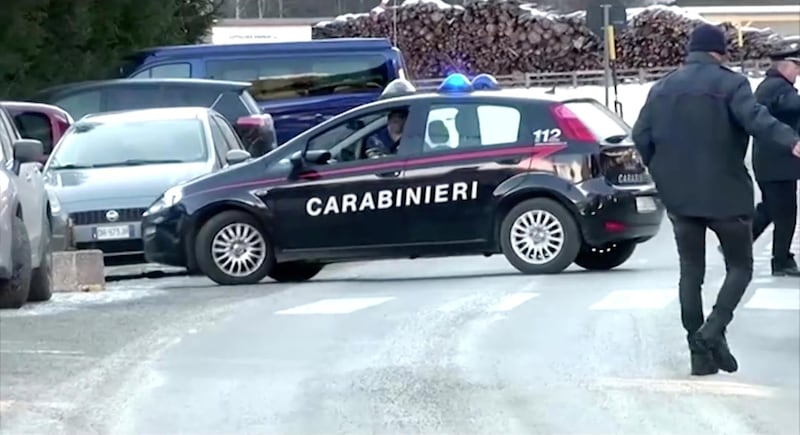 A Carabinieri military police car is seen near the site where suspected drunk driver fatally struck a group of German tourists in Lutago, Italy January 5, 2020 in this still image taken from video. Trentino TV via REUTERS ATTENTION EDITORS - THIS IMAGE HAS BEEN SUPPLIED BY A THIRD PARTY. NO RESALES. NO ARCHIVES. REUTERS TV RESTRICTIONS: Broadcasters: NONE Digital: NONE. For Reuters customers only.