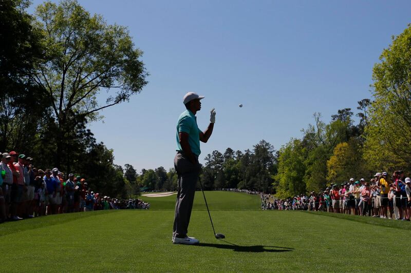 Tiger Woods of the U.S. ask for another ball to take a second tee shot off the 5th hole during the final day of practice for the 2019 Master golf tournament at the Augusta National Golf Club in Augusta, Georgia, U.S., April 10, 2019. REUTERS/Brian Snyder