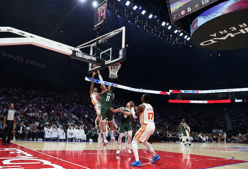 De'Andre Hunter of Atlanta Hawks goes for the basket during the game against Milwaukee Bucks at the Etihad Arena, Abu Dhabi, on Thursday. All pictures Chris Whiteoak / The National