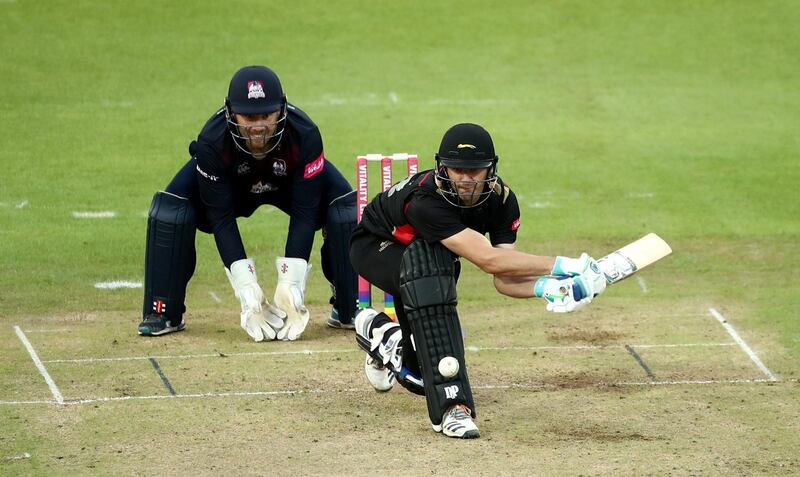 Leicestershire Foxes Colin Ackermann plays a sweep shot watched by Northamptonshire Steelbacks wicketkeeper Adam Rossington during the T20 Vitality Blast match at The Fischer County ground, Leicester. (Photo by Tim Goode/PA Images via Getty Images)