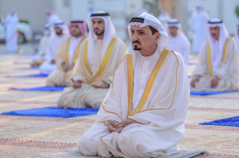 AJMAN, 13th May, 2021 (WAM) -- H.H. Sheikh Humaid bin Rashid Al Nuaimi, Supreme Council Member and Ruler of Ajman, today performed Eid al-Fitr prayer at Al Zaher Palace courtyard in the emirate.

Performing the prayer along with H.H. Sheikh Humaid were H.H. Sheikh Ammar bin Humaid Al Nuaimi, Crown Prince of Ajman, and a number of sheikhs, top officials and members of the Arab and Islamic communities in Ajman. Wam