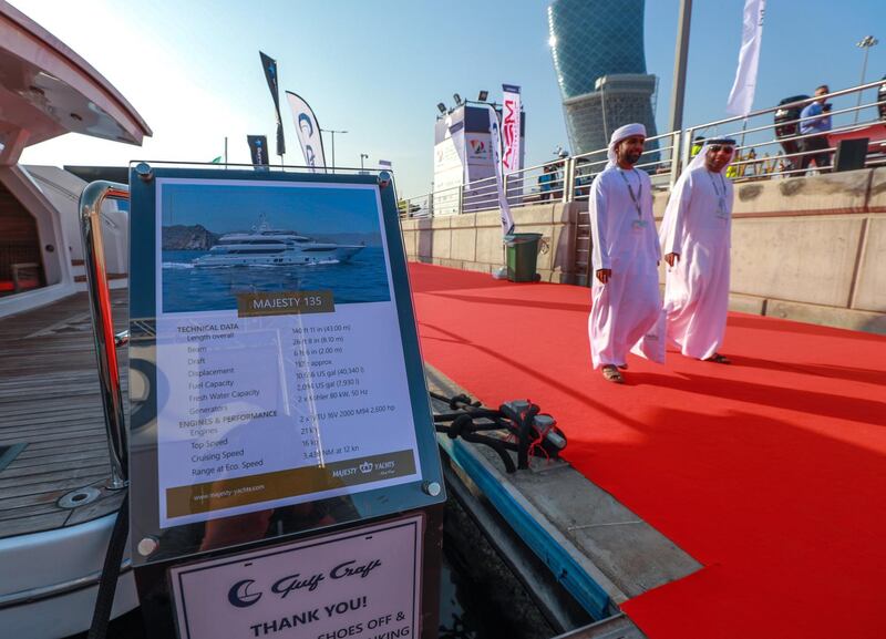 Abu Dhabi, U.A.E., October 17, 2018.  
Abu Dhabi International Boat Show 2018. -- The Majesty 135.  The largest yacht of the show at 140 feet and 11 inches.
Victor Besa / The National
Section:  NA
Reporter:  John Dennehy