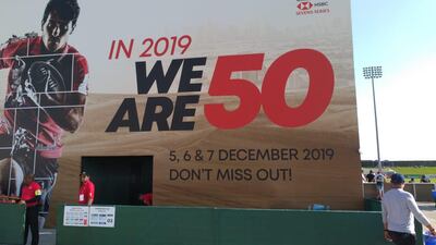A sign at The Sevens ground in Dubai displaying the dates for the 2019 Dubai Rugby Sevens. Nic March for The National