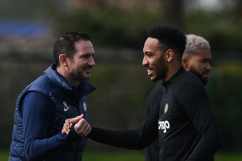 Chelsea's interim manager Frank Lampard with Pierre-Emerick Aubameyang during a training session in Cobham on Tuesday, April 11, 2023 - on the eve of their Champions League quarter-final first leg against Real Madrid. AFP